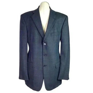 Stafford Men 40L Long Plaid Wool 3 Button Sport Coat Blazer Jacket Gray Blue